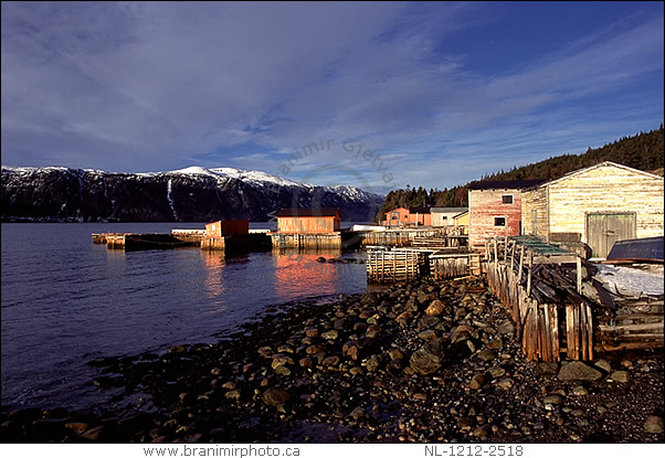 pier and fishing shacks at sunrise, Norris Point