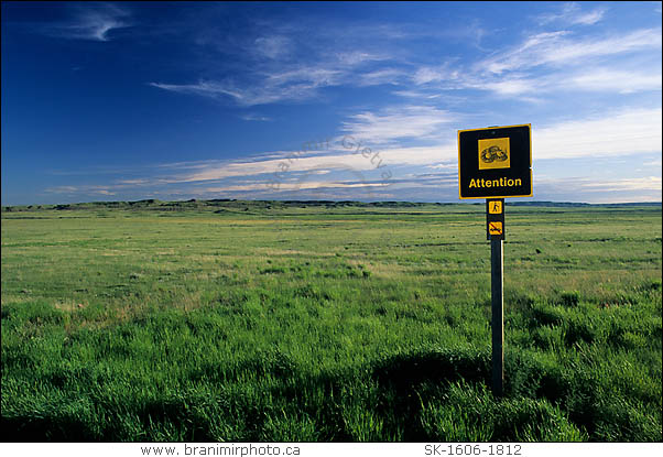 road sign warning of rattlesnake presence, Grasslands National Park