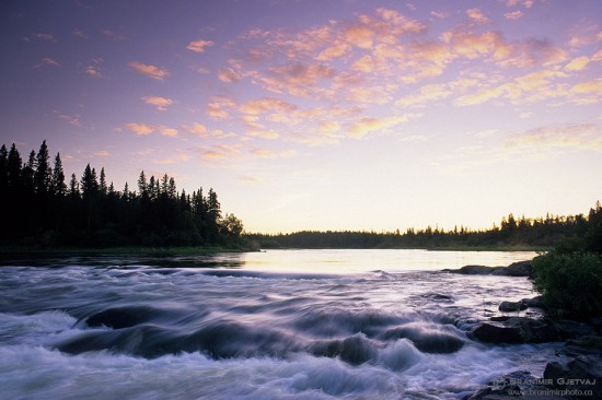 Rapids on Churchill River at dusk. Near Missinipe, Saskatchewan, Canada